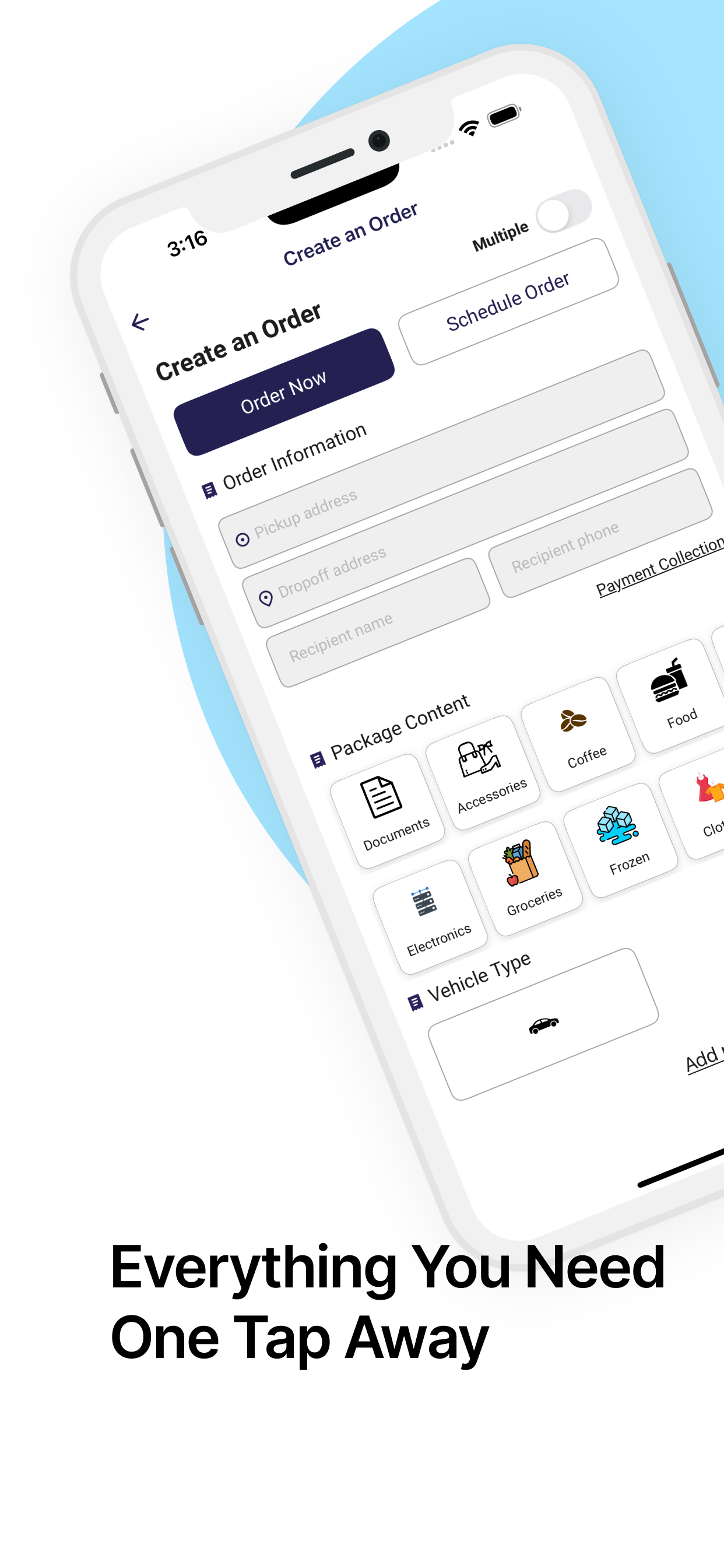 Yeebah order creation screen with delivery details